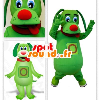 Costume de mascotte personnalisable de chien vert qui tire la langue.