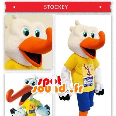 Costume de mascotte personnalisable de cigogne supporter de hockey.
