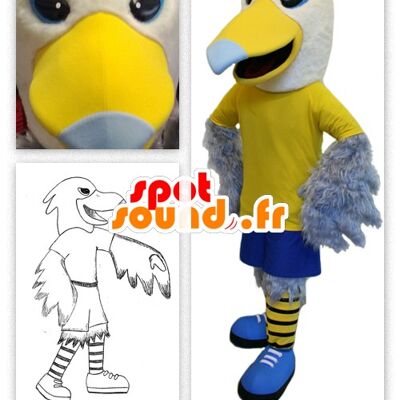 Costume de mascotte personnalisable d'aigle jaune et blanc, en tenue sportive.