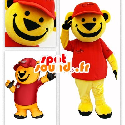 Costume de mascotte personnalisable de gros ours jaune vêtu de rouge.