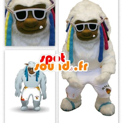 Costume de mascotte personnalisable de gros yéti blanc, avec des dreadlocks colorées.