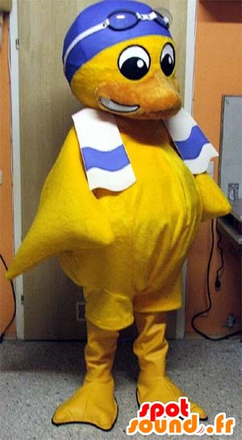 Costume de mascotte personnalisable de poussin jaune, avec un bonnet de bain.