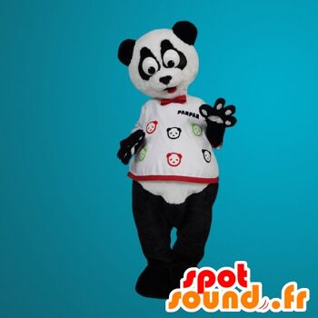 Costume de mascotte personnalisable de panda blanc et noir, avec de grands yeux.
