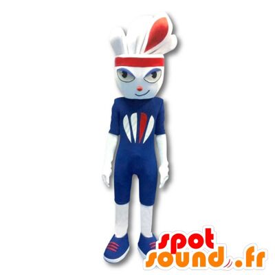 Costume de mascotte personnalisable de lapin blanc, sportif, habillé en bleu.
