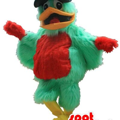 Costume de mascotte personnalisable d'oiseau vert et rouge avec un béret.
