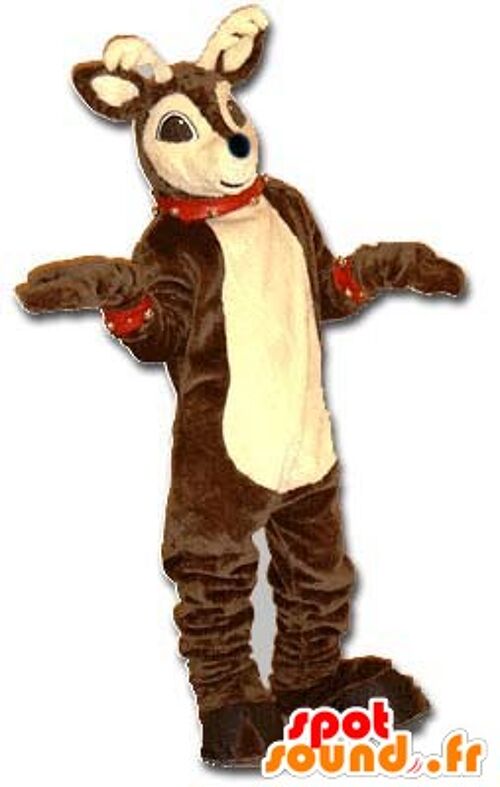 Costume de mascotte personnalisable de renne de Noël, marron et beige.