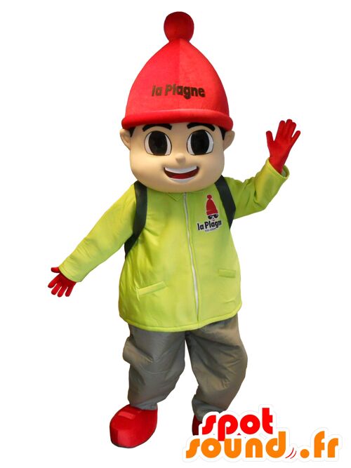 Costume de mascotte personnalisable de petit garçon habillé en tenue de ski.