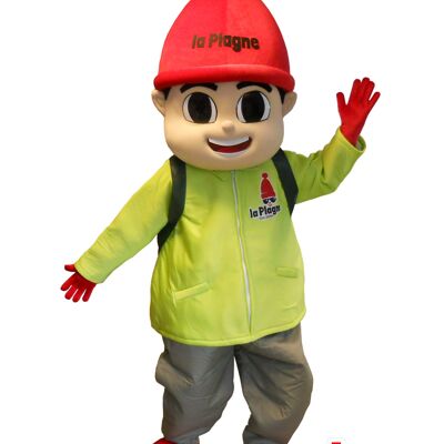 Costume de mascotte personnalisable de petit garçon habillé en tenue de ski.