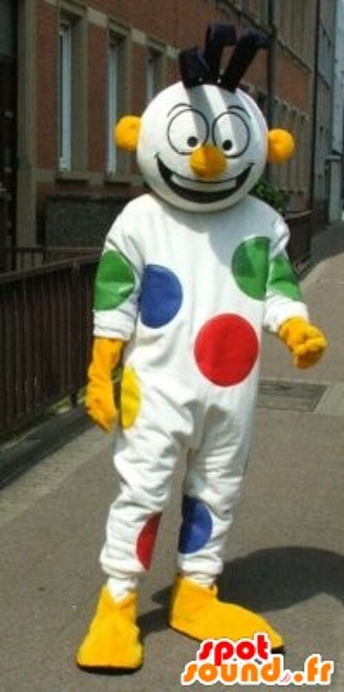 Costume de mascotte personnalisable de bonhomme blanc à pois, de clown.