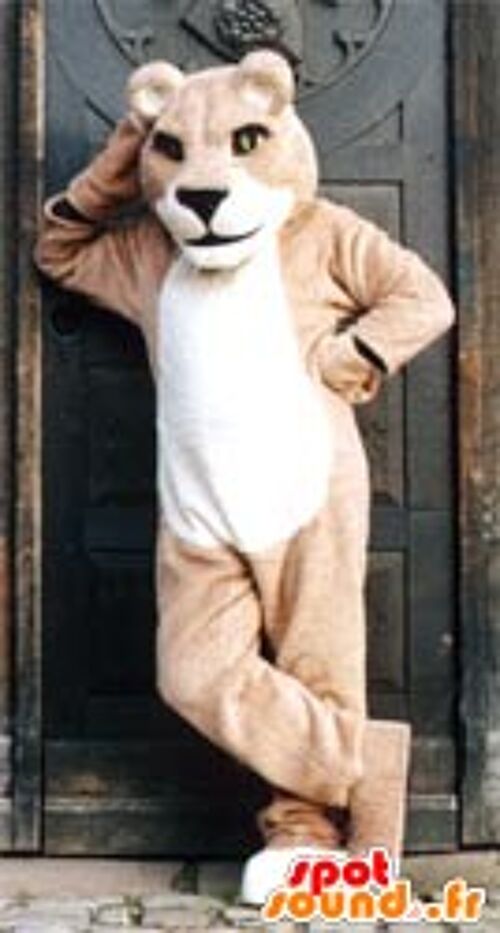 Costume de mascotte personnalisable de lionne beige.