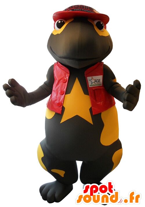 Costume de mascotte personnalisable de jolie salamandre noire et jaune habillé en rouge.