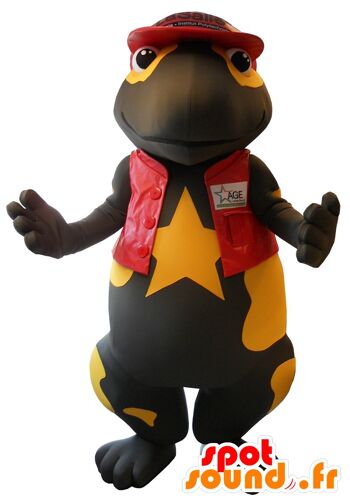 Costume de mascotte personnalisable de jolie salamandre noire et jaune habillée en rouge. 1