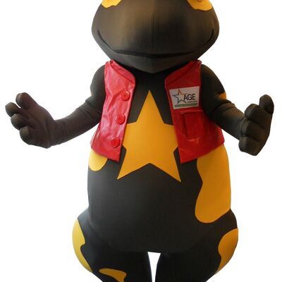 Costume de mascotte personnalisable de jolie salamandre noire et jaune habillé en rouge.