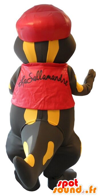 Costume de mascotte personnalisable de jolie salamandre noire et jaune habillée en rouge. 2