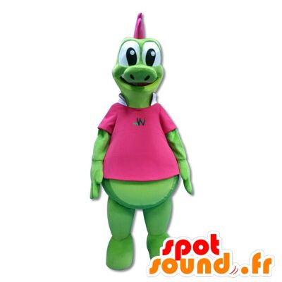 Costume de mascotte personnalisable de dragon vert à crête rose.