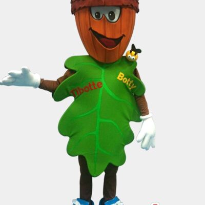 Costume de mascotte personnalisable de feuille verte avec une tête en forme de gland.