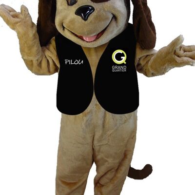 Costume de mascotte personnalisable de chien marron bicolore, très souriant.