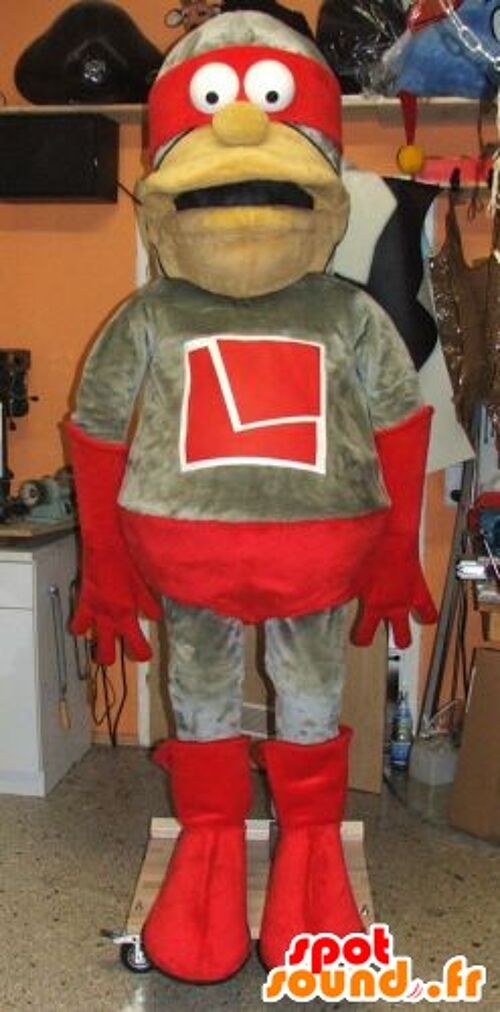 Costume de mascotte personnalisable de super-héros gris et rouge.