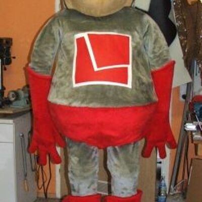 Costume de mascotte personnalisable de super-héros gris et rouge.