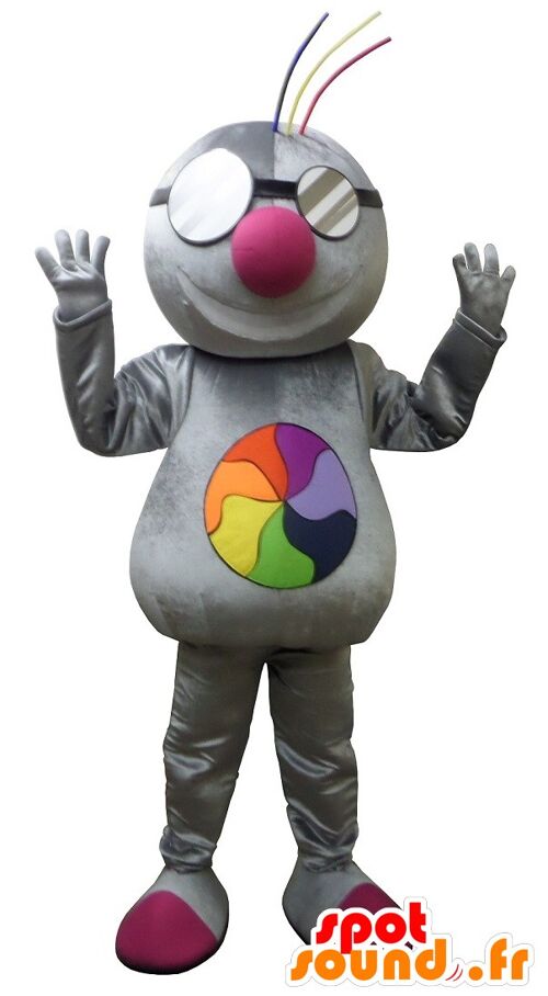 Costume de mascotte personnalisable gris métallique pour une ambiance techno.