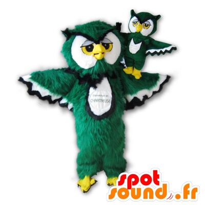 Costume de mascotte personnalisable de hibou vert, blanc, noir et jaune tout poilu.