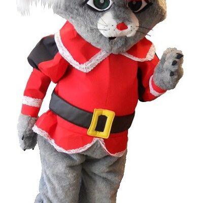 Costume de mascotte personnalisable du chat botté gris, avec un costume rouge.