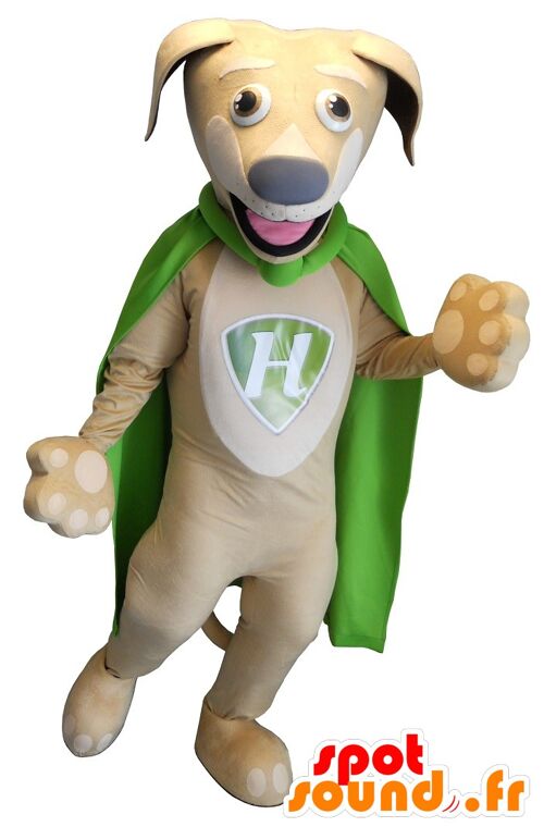 Costume de mascotte personnalisable de chien beige et blanc avec une cape verte.