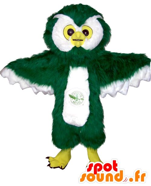 Costume de mascotte personnalisable de hibou vert, blanc et jaune, tout poilu.