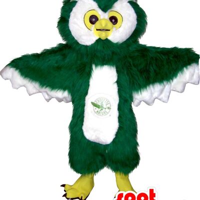 Costume de mascotte personnalisable de hibou vert, blanc et jaune, tout poilu.