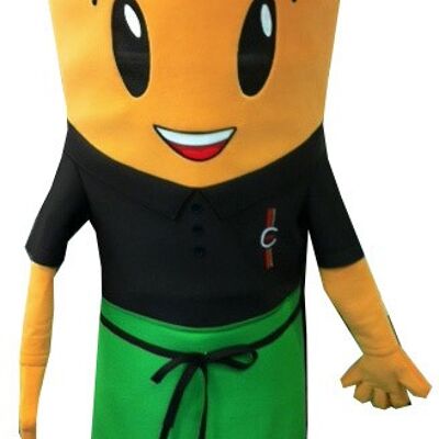 Costume de mascotte personnalisable de carotte géante avec un tablier.