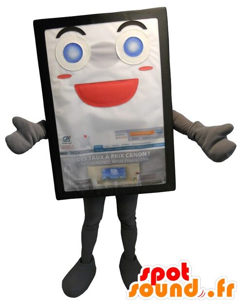 Costume de mascotte personnalisable de panneau publicitaire, gris et souriant.