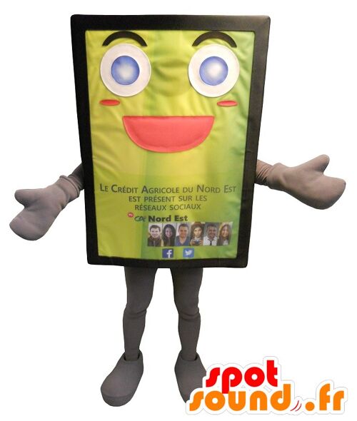 Costume de mascotte personnalisable de panneau publicitaire, jaune et joviale.