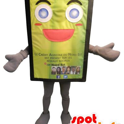 Costume de mascotte personnalisable de panneau publicitaire, jaune et joviale.