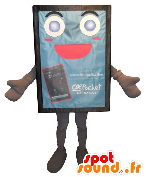 Costume de mascotte personnalisable de panneau publicitaire, bleu et mignon.