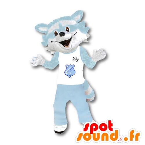 Costume de mascotte personnalisable de raton laveur blanc et bleu ciel.