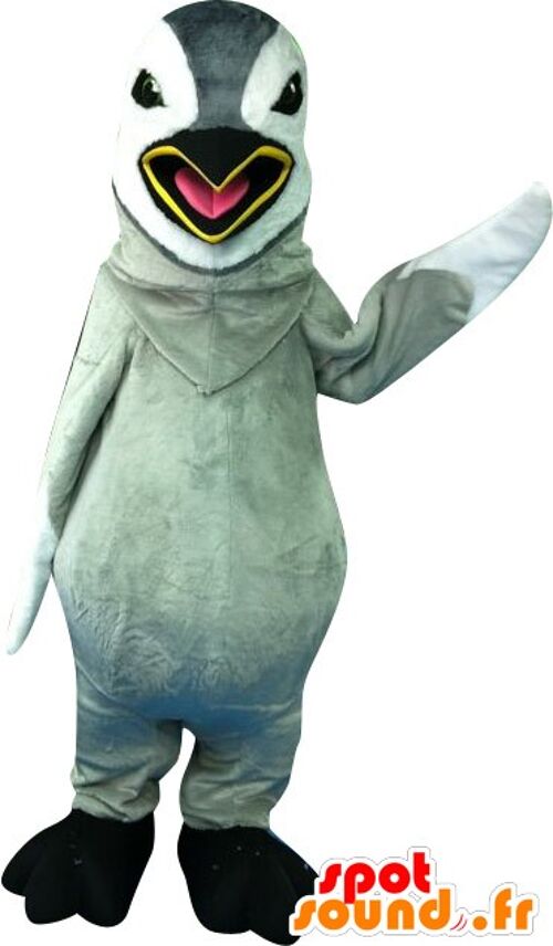 Costume de mascotte personnalisable de pingouin gris et blanc, géant.