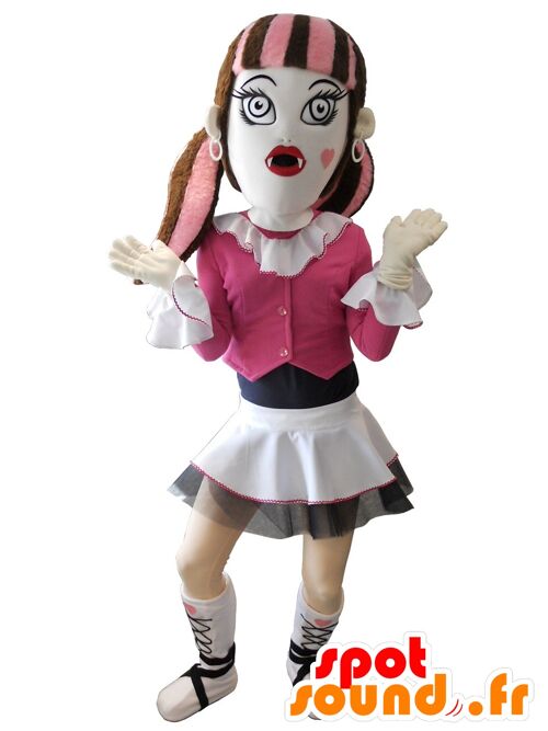 Costume de mascotte personnalisable de fille gothique habillée en rose.