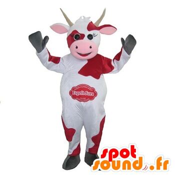 Costume de mascotte personnalisable de vache blanche, rouge et rose.