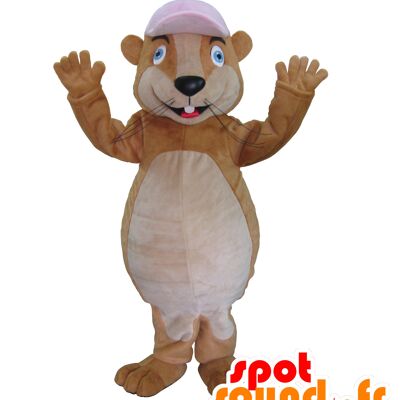 Costume de mascotte personnalisable de marmotte marron avec une casquette.