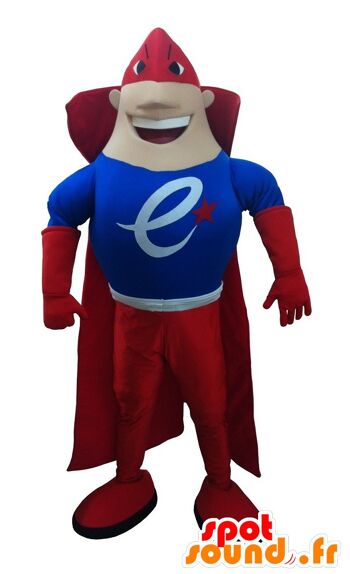 Costume de mascotte personnalisable de super-héros habillé en rouge et bleu.
