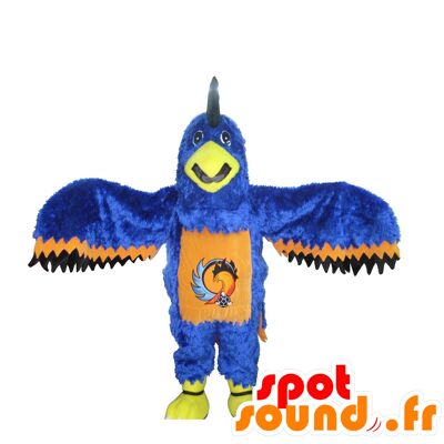 Costume de mascotte personnalisable d'aigle bleu, orange et noir.