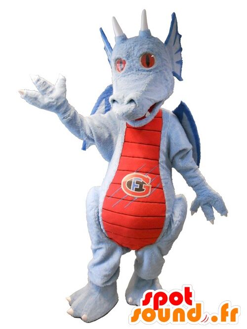 Costume de mascotte personnalisable de dragon gris, rouge et bleu.