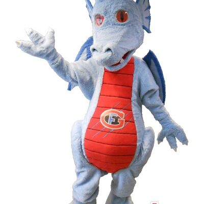 Costume de mascotte personnalisable de dragon gris, rouge et bleu.