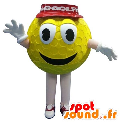 Costume de mascotte personnalisable de balle de golf jaune avec une casquette rouge.
