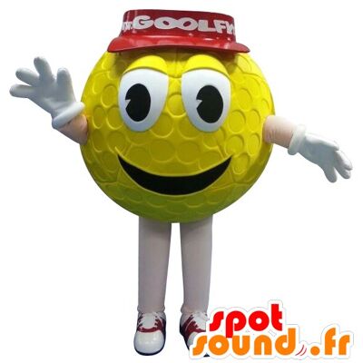 Costume de mascotte personnalisable de balle de golf jaune avec une casquette rouge.