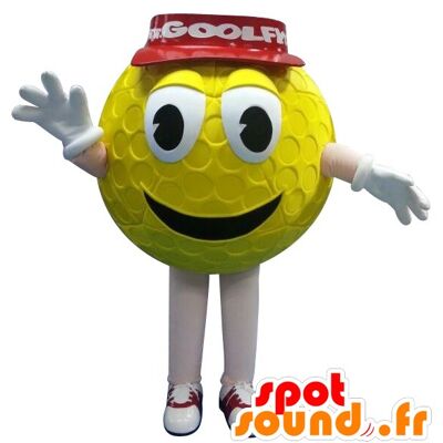 Costume de mascotte personnalisable de balle de golf jaune avec une casquette rouge.