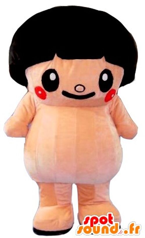 Costume de mascotte personnalisable de gros sumo rose avec une coupe au bol.