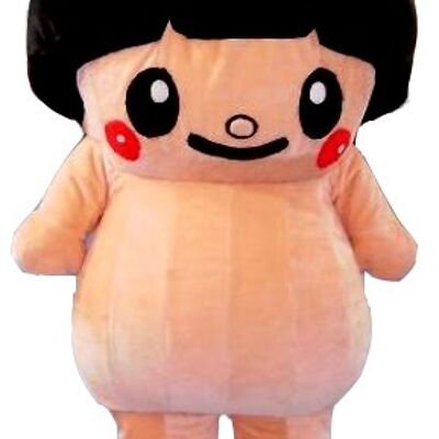 Costume de mascotte personnalisable de gros sumo rose avec une coupe au bol.