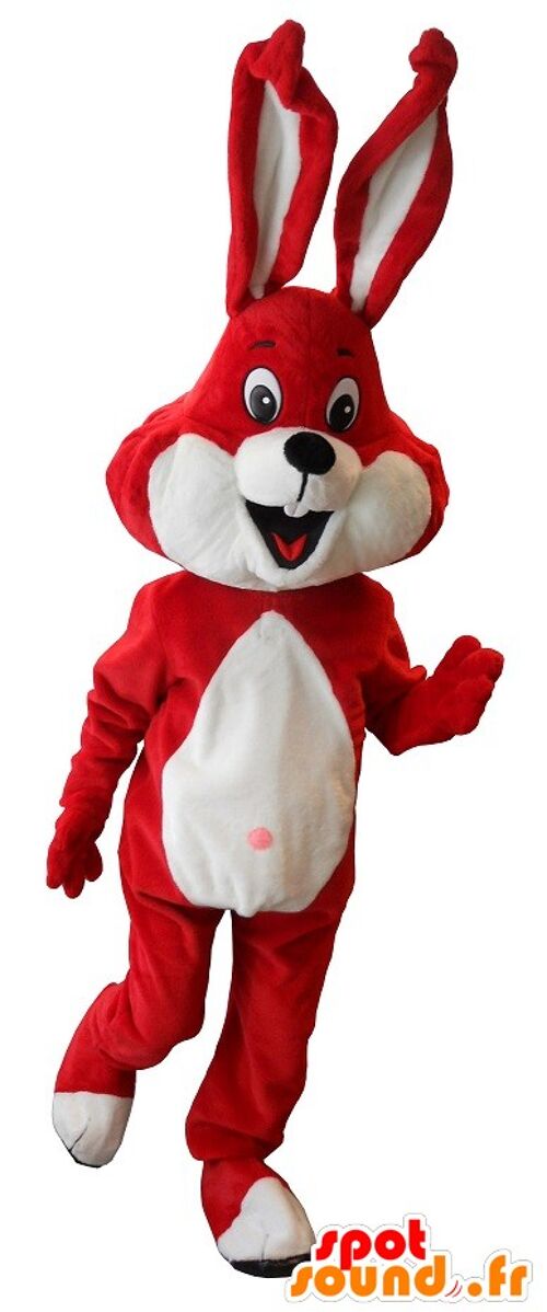 Costume de mascotte personnalisable de lapin rouge et blanc.