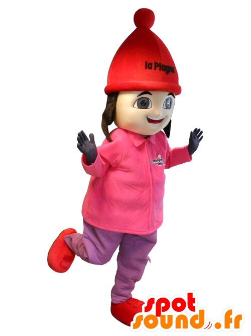 Costume de mascotte personnalisable de fillette brune en tenue de ski.